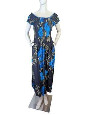 Hawaiian Floral Smocked Off Shoulder Rayon Maxi Dress One Size S L Blue Tropical